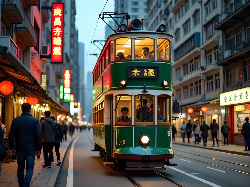 Historic double-decker tram moving through Hong Kong streets at dusk with neon signs