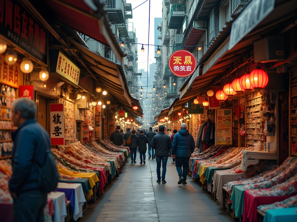 Colorful street market in Sham Shui Po district with local vendors and shoppers