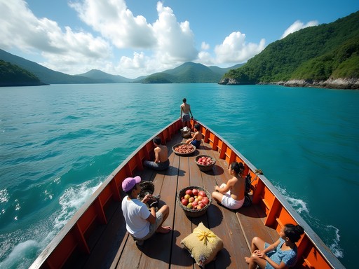 Local passenger ferry traveling between Solomon Islands with passengers on deck