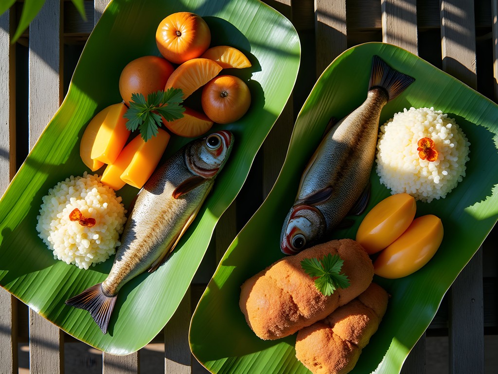 Traditional Solomon Islands meal with fish, taro, and tropical fruits served on banana leaves