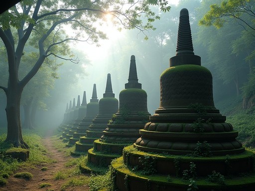 Ancient weathered stupas covered in vegetation off the main tourist path in Indein near Inle Lake