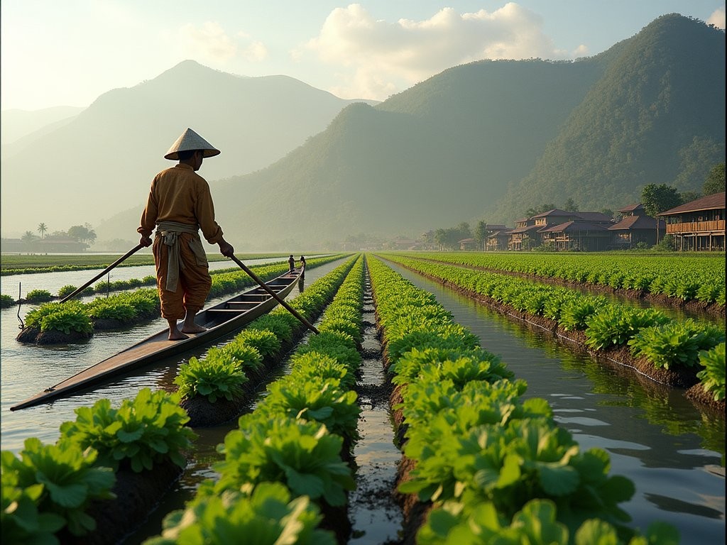 Traditional Intha farmer tending to floating vegetable gardens on Inle Lake using traditional leg-rowing technique