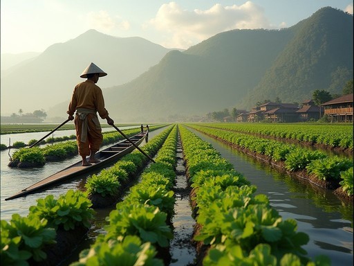 Traditional Intha farmer tending to floating vegetable gardens on Inle Lake using traditional leg-rowing technique