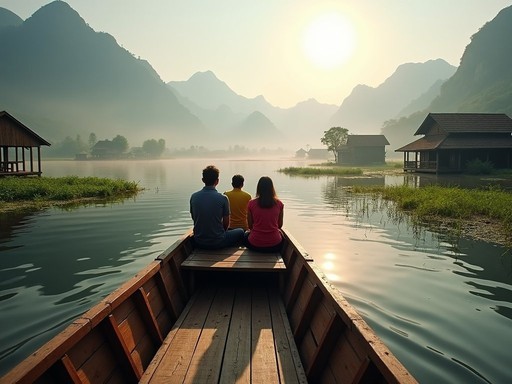 Traditional wooden longtail boat navigating through floating gardens on Inle Lake with travelers enjoying the scenery