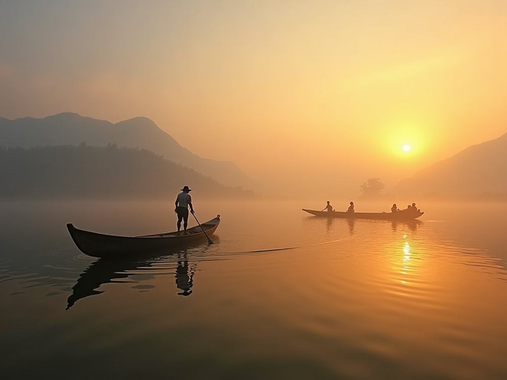 Misty sunrise over Inle Lake with traditional wooden boats silhouetted against the dawn light