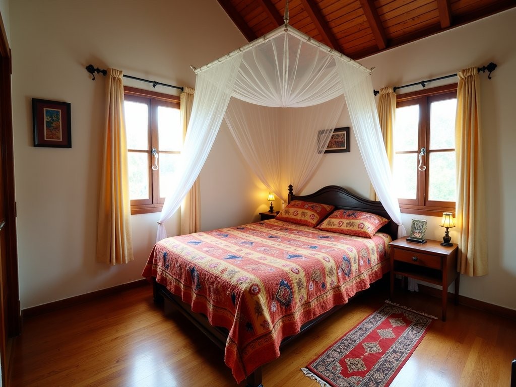 Cozy budget guesthouse in Nyaungshwe with traditional Burmese wooden architecture and colorful textiles