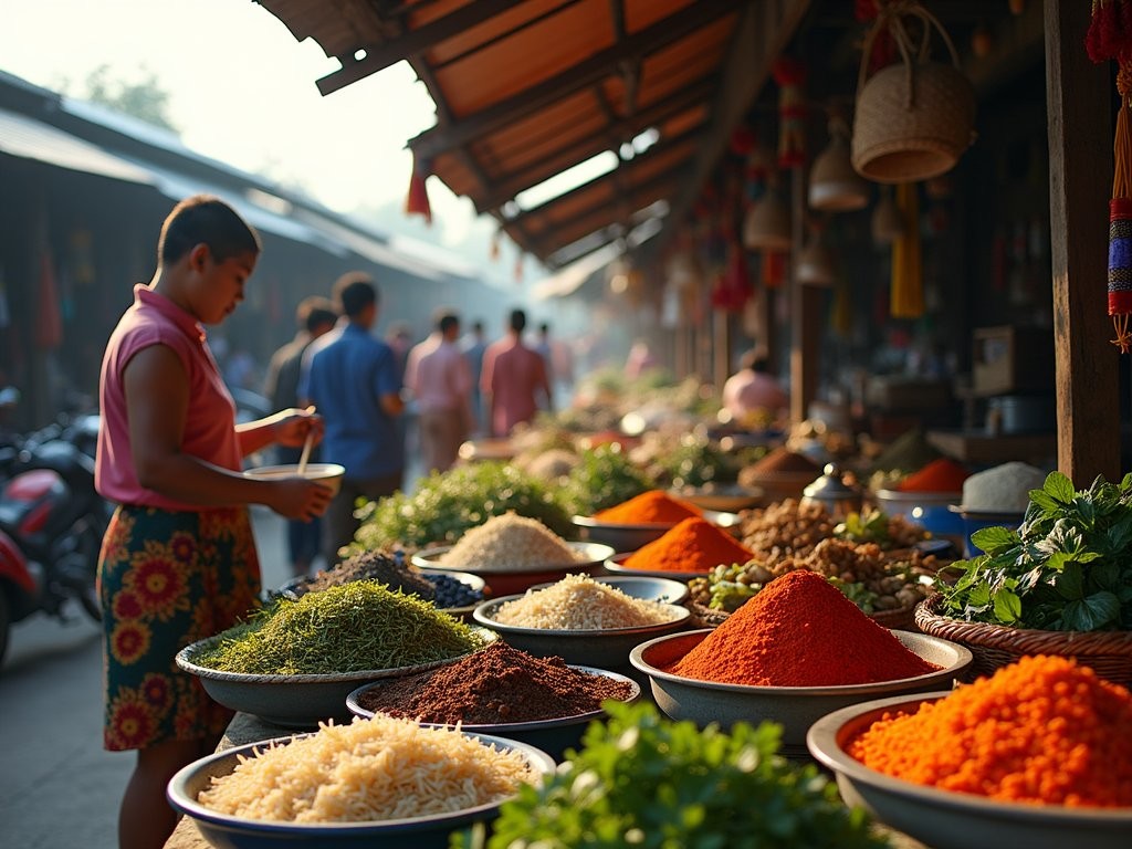 Colorful display of fresh local produce and traditional Shan foods at Nyaungshwe morning market