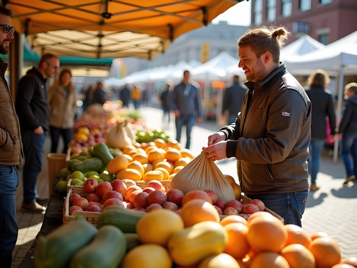 Iowa City Farmers Market with abundant fall harvest displays and shoppers
