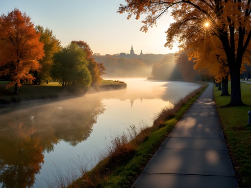 Misty morning view of Iowa River Trail with fall colors reflected in water