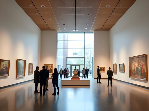 Interior of Stanley Museum of Art showing flood-resistant architectural features and art displays