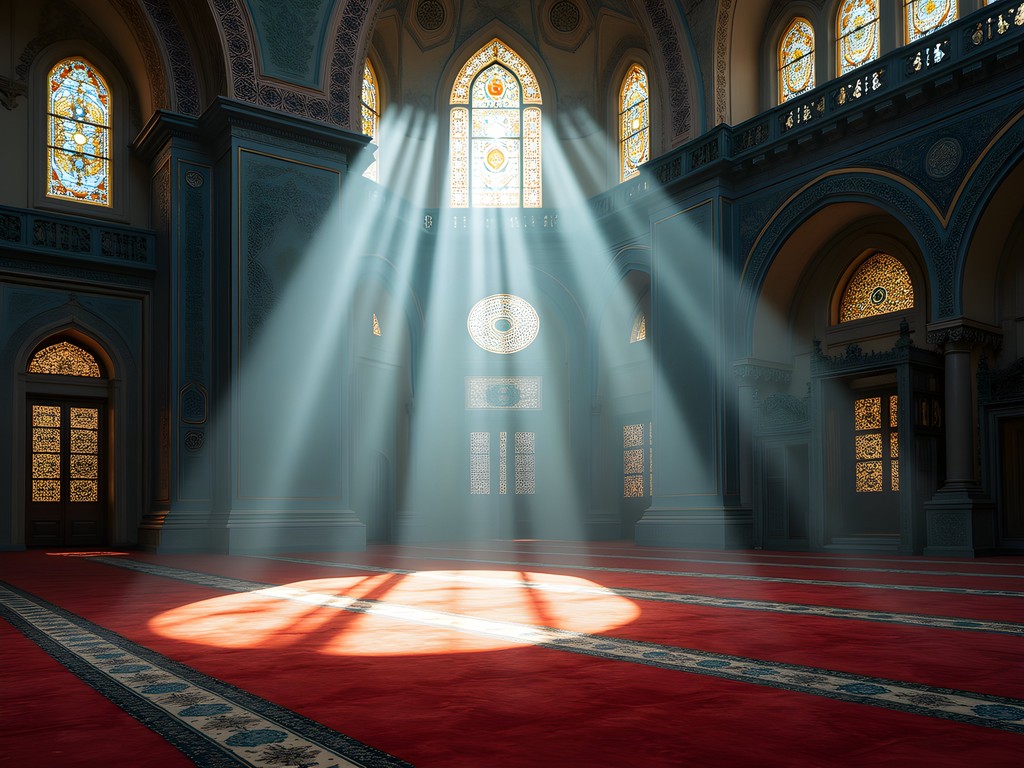 Sunbeams streaming through Blue Mosque windows illuminating the ornate interior