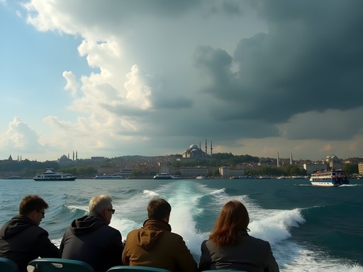 View from Istanbul ferry crossing the Bosphorus with dramatic clouds and city skyline