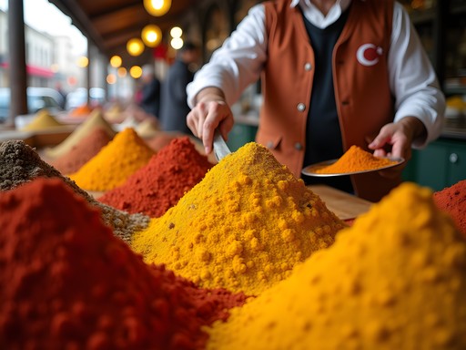 Colorful mounds of spices and teas at Istanbul's Spice Bazaar with vendor and customers
