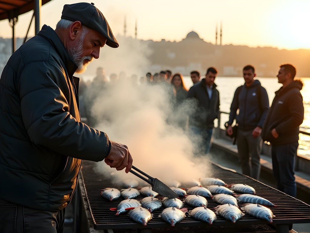 Turkish street food vendor grilling fresh mackerel for fish sandwiches near Galata Bridge