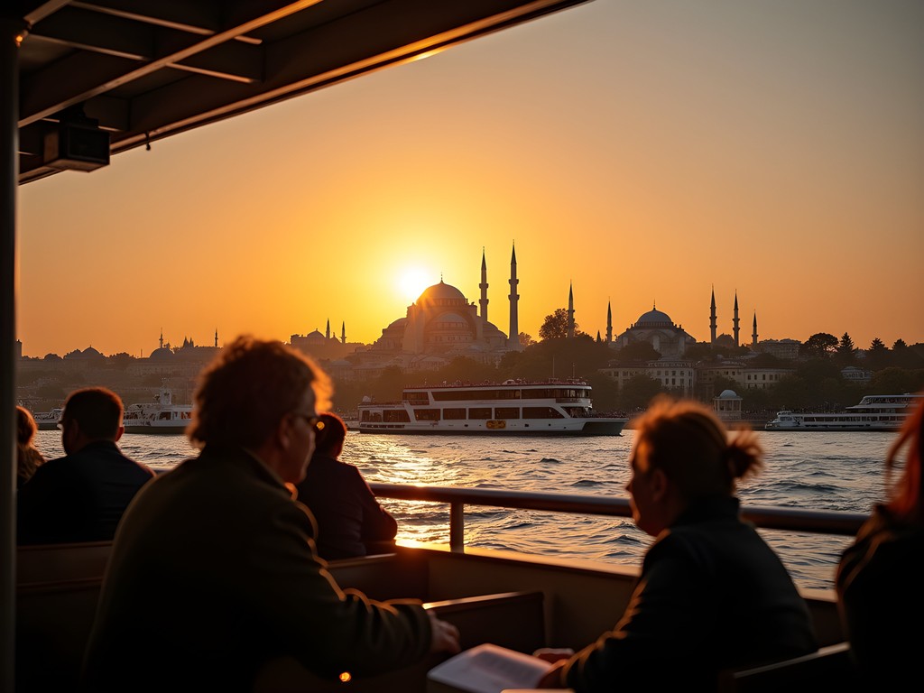 Sunset view from public ferry crossing Bosphorus with Istanbul skyline