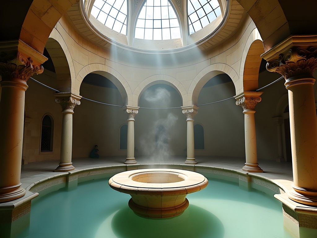 Interior of historic Turkish hammam with ornate marble details and domed ceiling