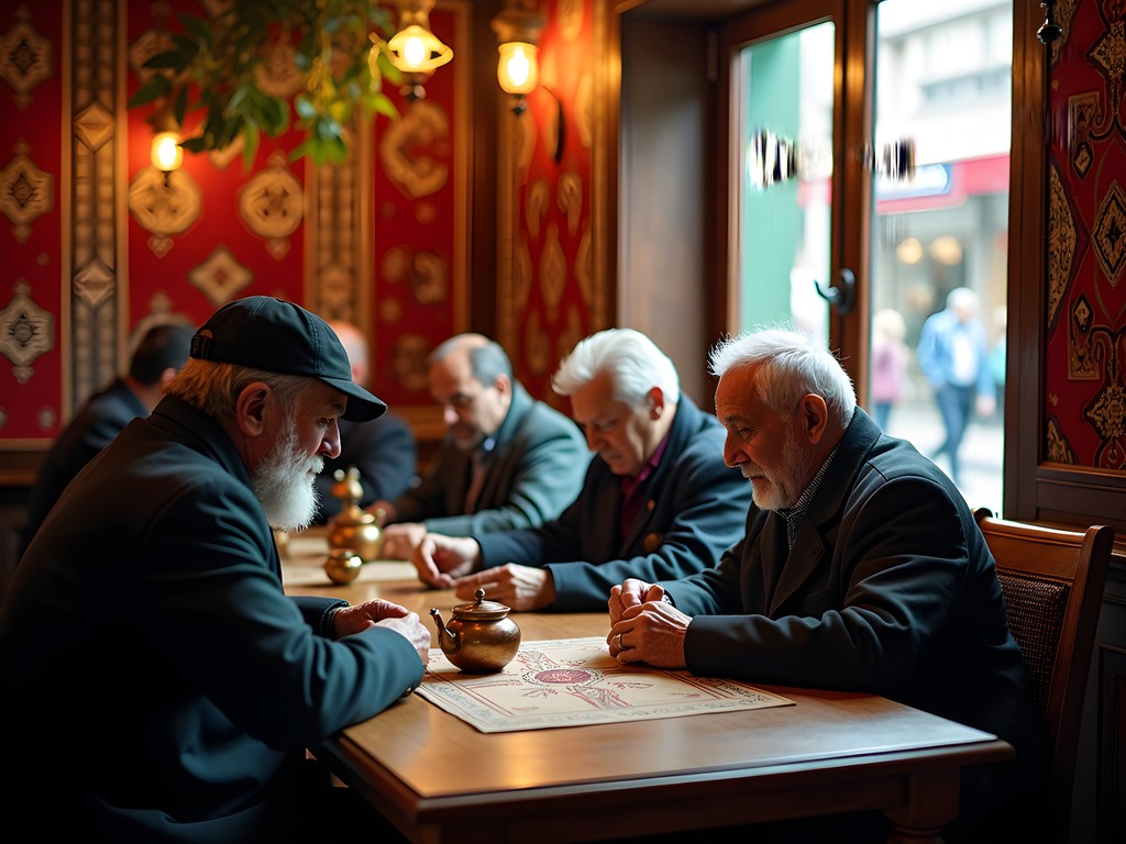 Traditional Turkish tea house with locals playing backgammon in historic neighborhood