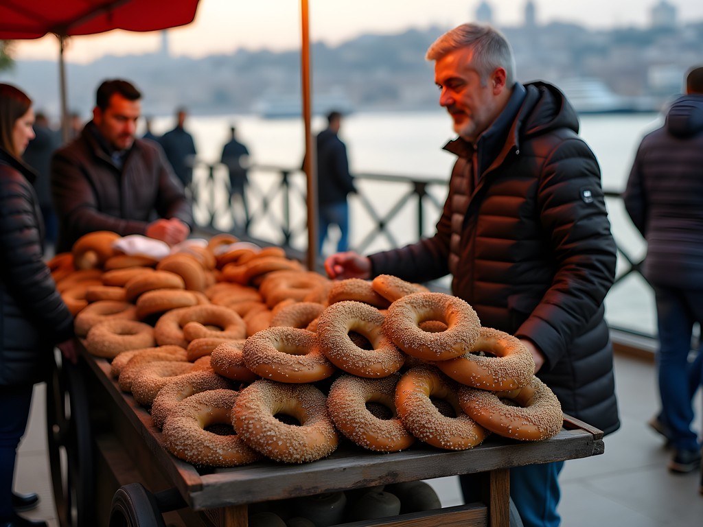 Local street vendor selling traditional simit bread with Bosphorus view