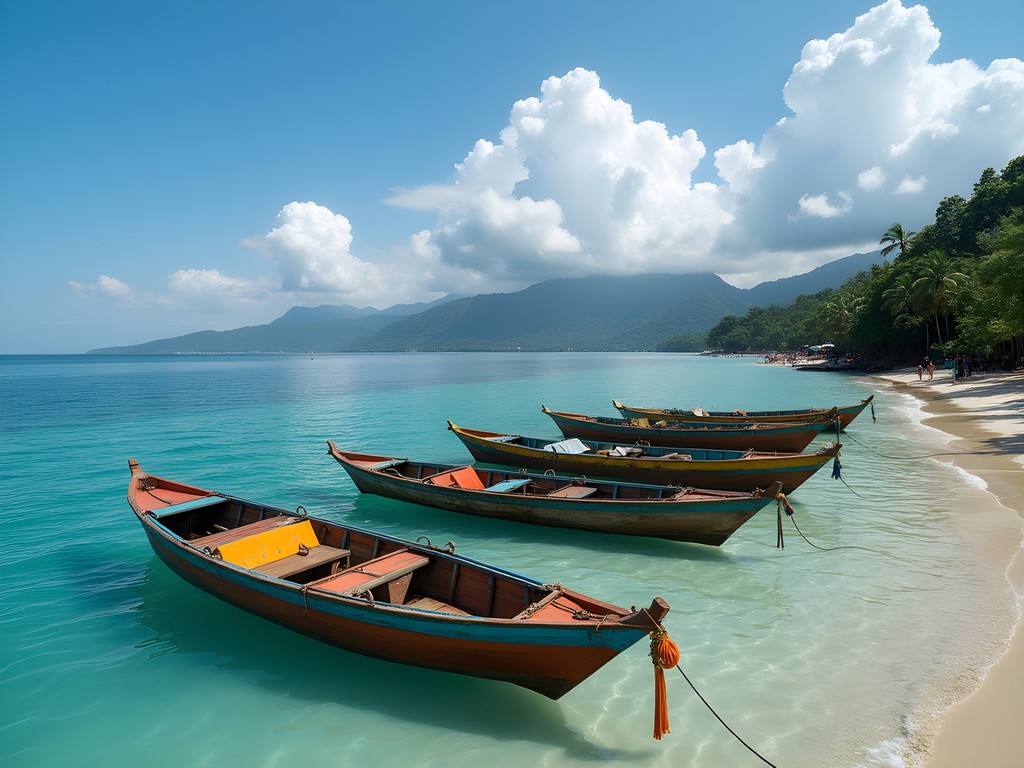 Quiet beach in Pemuteran, North Bali with traditional fishing boats