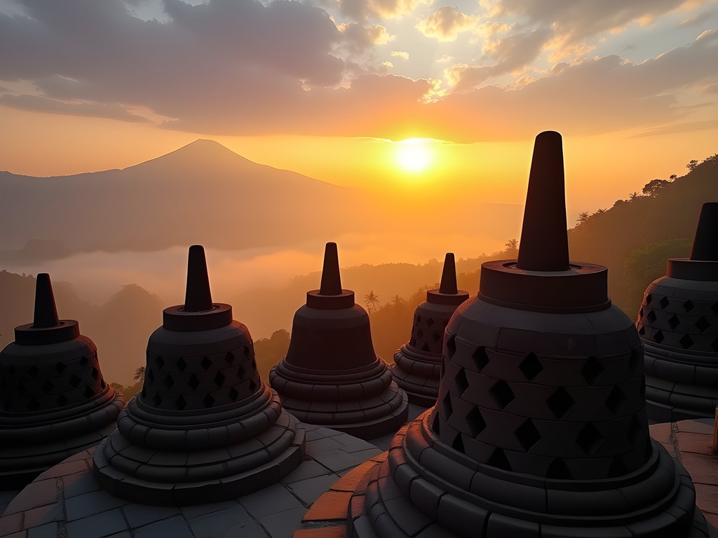 Sunrise over Borobudur temple with volcanic mountains in background