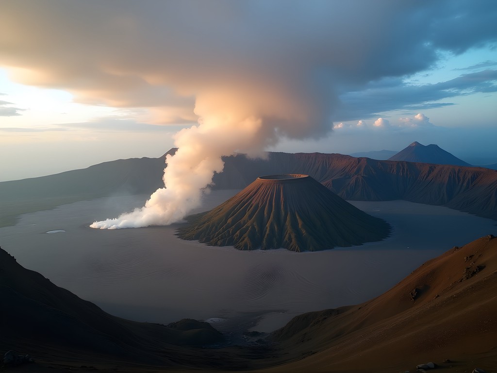 Mount Bromo active volcano with sulfurous steam rising from crater
