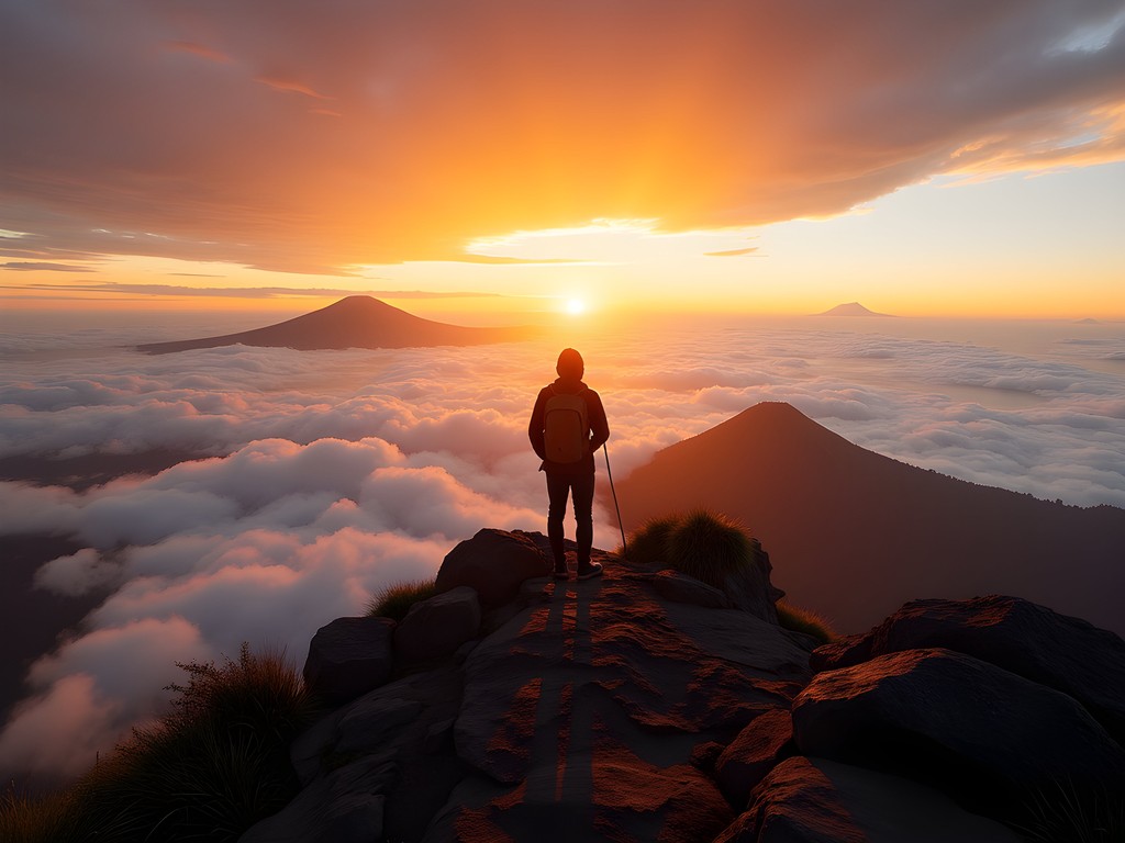 Sunrise view from Mount Batur volcano summit in Bali