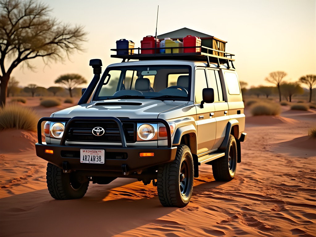 4x4 vehicle loaded with camping gear in the Kalahari