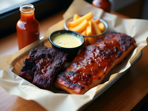 Authentic Kansas City BBQ spread with burnt ends, ribs and sides on butcher paper