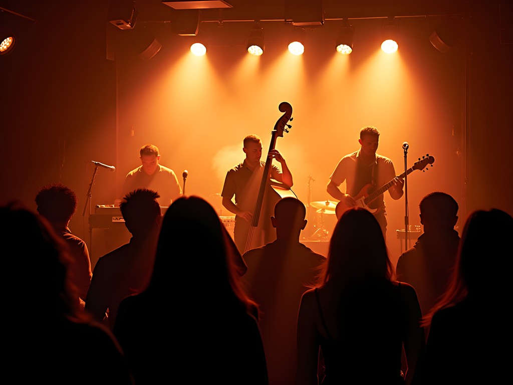Atmospheric Kansas City jazz club with live performance and audience in warm lighting