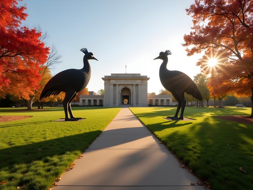 Nelson-Atkins Museum sculpture garden with iconic shuttlecock sculptures in autumn colors