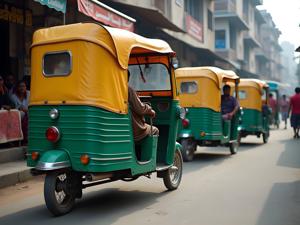 Colorful cycle-rickshaws lined up on a busy street in downtown Khulna
