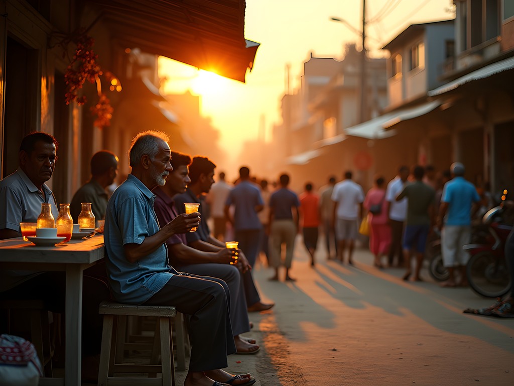 Local tea stall in Khulna at sunset with locals gathering for evening tea