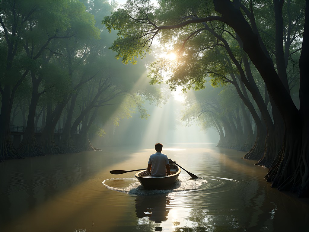 Wooden boat navigating through narrow waterways of Sundarbans mangrove forest
