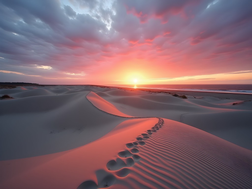 Dramatic sunset over the sweeping sand dunes of Curonian Spit National Park near Klaipeda