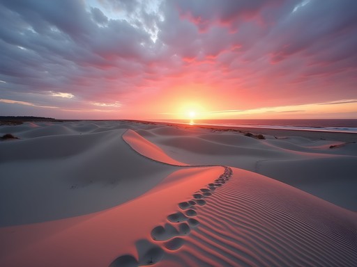 Dramatic sunset over the sweeping sand dunes of Curonian Spit National Park near Klaipeda