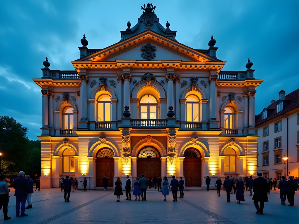 Illuminated historic Klaipeda Drama Theatre at dusk with theater-goers gathering outside