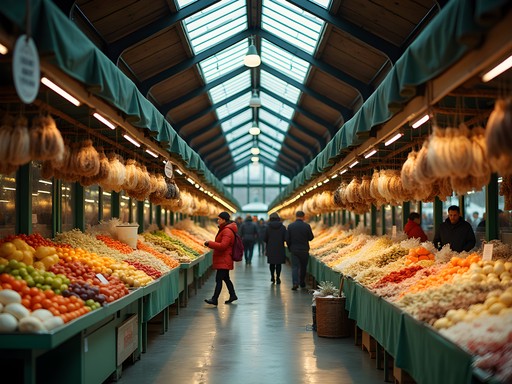 Colorful food stalls with fresh local produce and traditional Lithuanian foods in Klaipeda's Old Market Hall