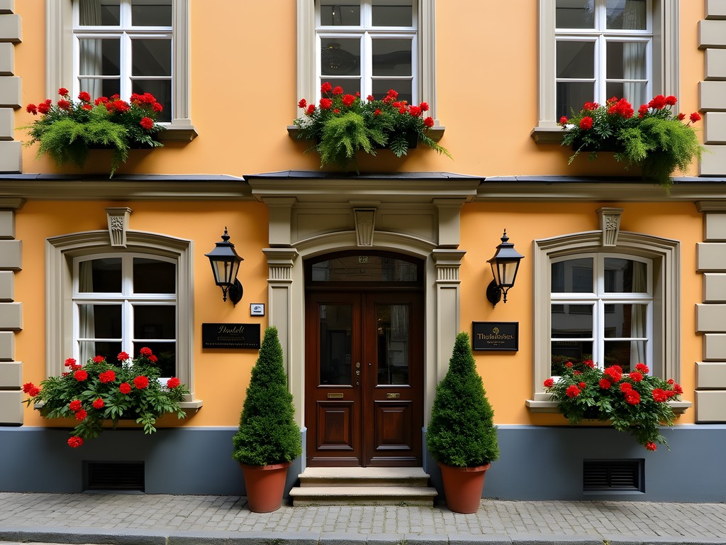 Historic Old Mill Hotel in Klaipeda with traditional architecture and flower boxes