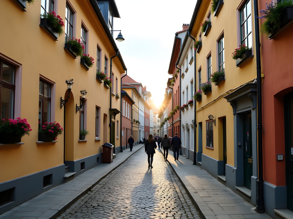 Charming cobblestone street in Klaipeda's Old Town with traditional German-influenced architecture and flower boxes