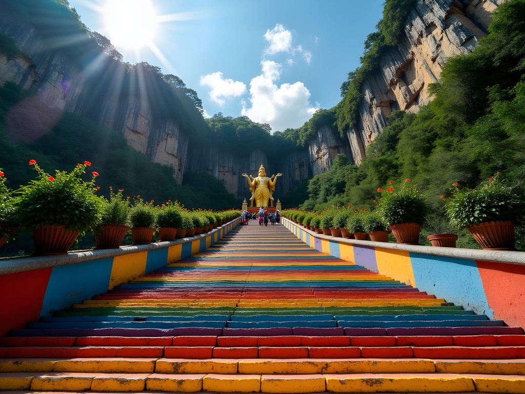 Colorful rainbow stairs leading to Batu Caves temple complex in Kuala Lumpur