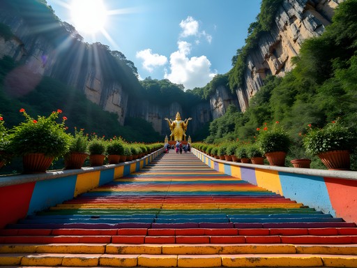 Colorful rainbow stairs leading to Batu Caves temple complex in Kuala Lumpur