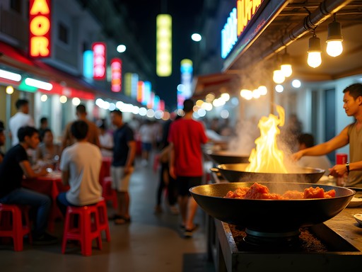 Vibrant night food market at Jalan Alor with colorful street food stalls and diners