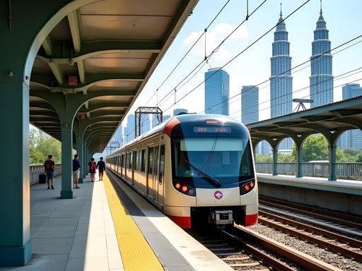Modern Kuala Lumpur light rail transit system with city skyline in background