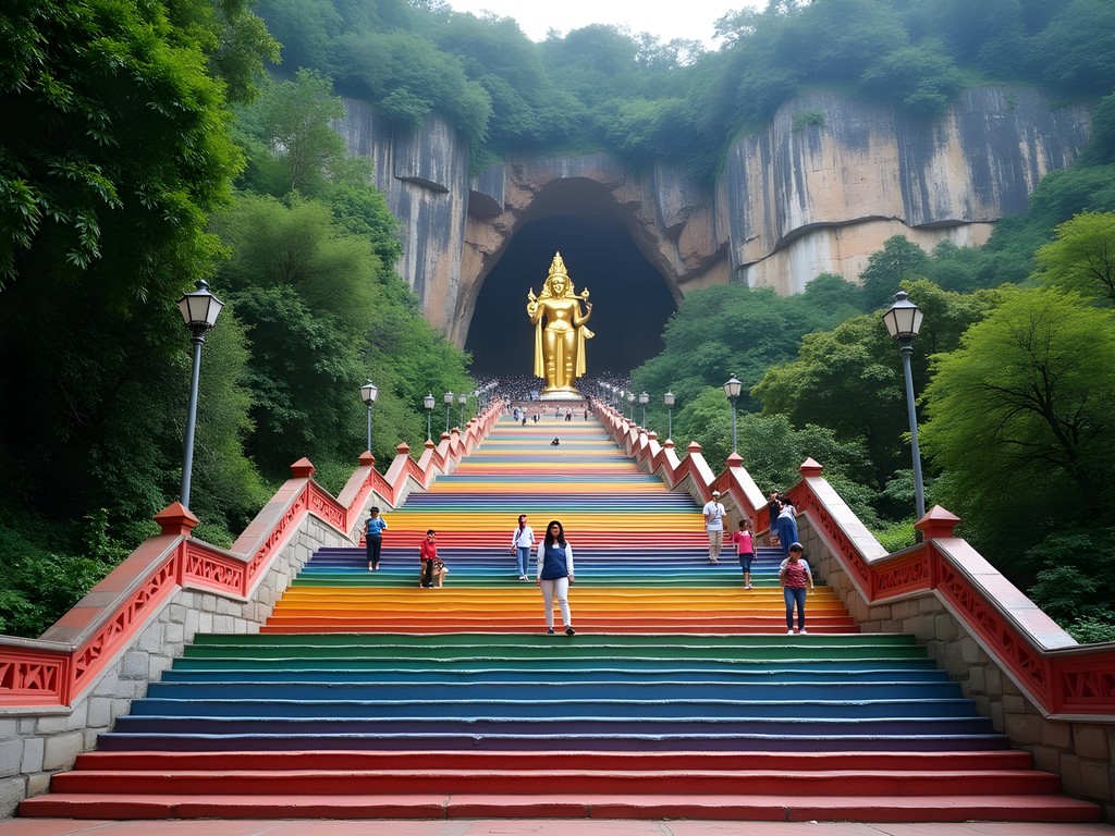 Colorful rainbow stairs leading to Batu Caves with golden Hindu statue and limestone cliff