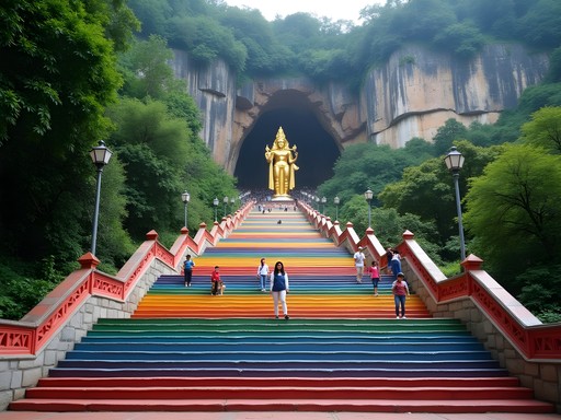 Colorful rainbow stairs leading to Batu Caves with golden Hindu statue and limestone cliff