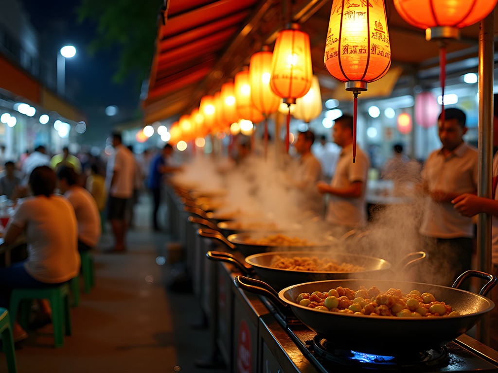 Vibrant night food market at Jalan Alor with colorful stalls and street vendors serving Malaysian delicacies