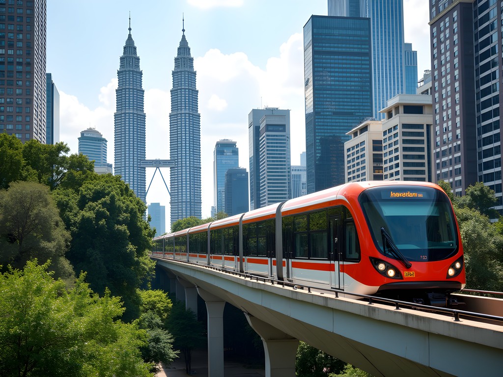 Kuala Lumpur monorail passing through the city skyline with Petronas Towers visible in background