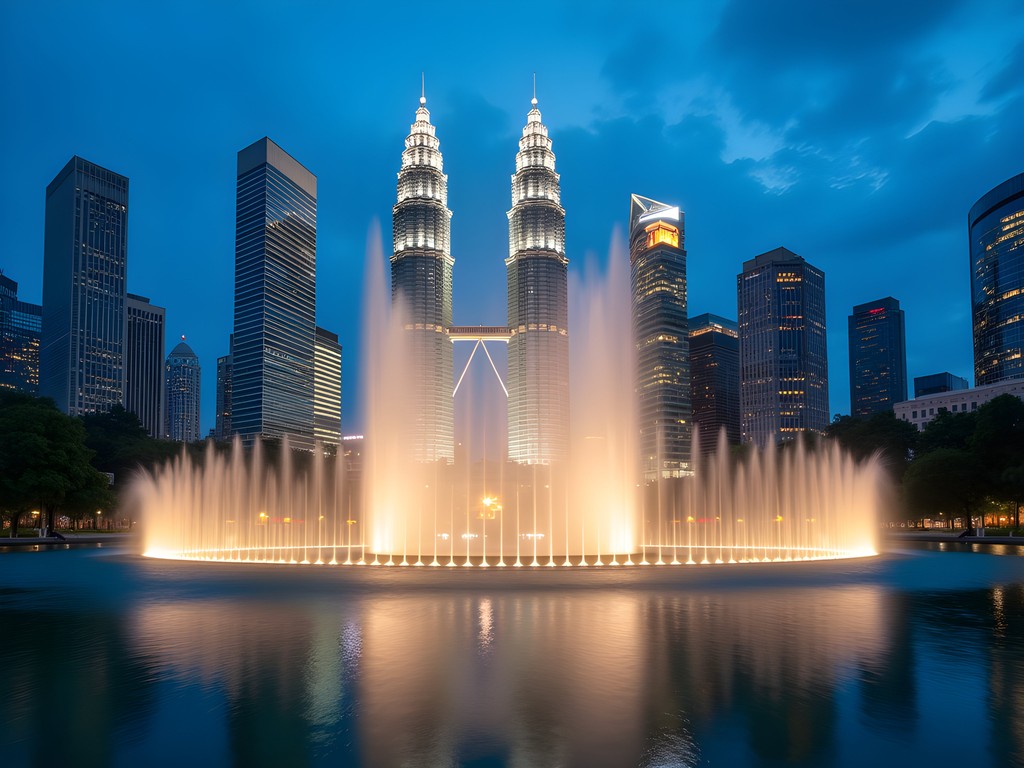 KLCC Park fountain show with illuminated Petronas Towers in background at dusk