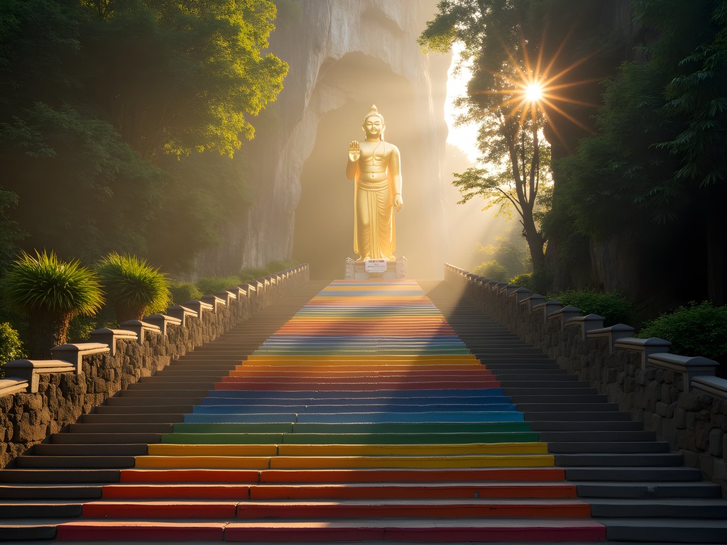 Early morning light illuminating the colorful steps of Batu Caves temple complex in Kuala Lumpur