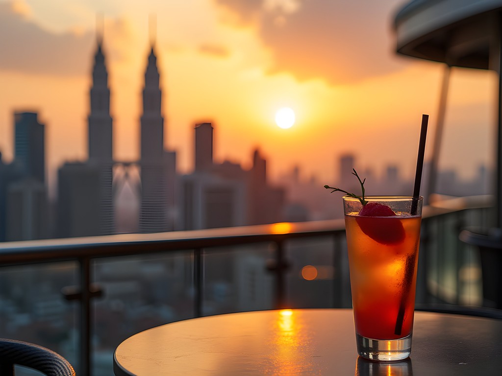 Sunset view of Kuala Lumpur skyline from Heli Lounge Bar helicopter pad with cocktail in foreground